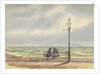 Coastal scene in poor weather, with two women seated on a promenade bench under a lamp post, one with an umbrella, looking out to sea by George Pechell Mends