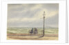 Coastal scene in poor weather, with two women seated on a promenade bench under a lamp post, one with an umbrella, looking out to sea by George Pechell Mends