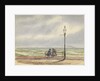 Coastal scene in poor weather, with two women seated on a promenade bench under a lamp post, one with an umbrella, looking out to sea by George Pechell Mends