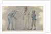 Three male figures, one bent over using a walking stick by Robert Streatfeild