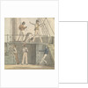 Deck scene with six figures including one steering at the ship's wheel by Robert Streatfeild