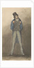 Man standing with legs astride, wearing black hat, blue jacket and tweed trousers by Robert Streatfeild