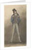 Man standing with legs astride, wearing black hat, blue jacket and tweed trousers by Robert Streatfeild