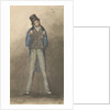 Man standing with legs astride, wearing black hat, blue jacket and tweed trousers by Robert Streatfeild