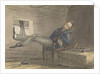 Cabin scene, man relaxing in a chair, with his feet up by Robert Streatfeild