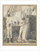 A deck scene with four men and a boy cutting open a turtle by Robert Streatfeild