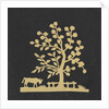 Silhouette of a tree and cow, cut out and stuck on a black background by unknown