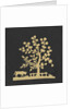 Silhouette of a tree and cow, cut out and stuck on a black background by unknown