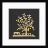 Silhouette of a tree and cow, cut out and stuck on a black background by unknown