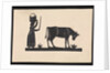 Silhouette of a woman with basket on her head, and a cow grazing, cut out and stuck on white background by unknown
