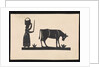 Silhouette of a woman with basket on her head, and a cow grazing, cut out and stuck on white background by unknown