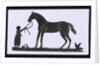 Silhouette of a woman leading a big horse, cut out and placed on white backround by unknown