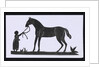 Silhouette of a woman leading a big horse, cut out and placed on white backround by unknown