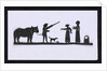 Silhouette of a man leading a bear with a dog meeting up with two women, cut out and placed on yellow backround by unknown