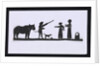 Silhouette of a man leading a bear with a dog meeting up with two women, cut out and placed on yellow backround by unknown
