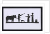 Silhouette of a man leading a bear with a dog meeting up with two women, cut out and placed on yellow backround by unknown