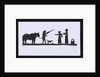 Silhouette of a man leading a bear with a dog meeting up with two women, cut out and placed on yellow backround by unknown