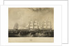 This print representing the East India Ship 'Vernon', Geo. Denny, Commander, on her voyage out, fitted with a Steam Engine of 30 horse power, passing HM ships Edinburgh & Blenheim 74 beating down Channel on the 21st of September 1839 off Benbridge [sic, i by W. O. Geller