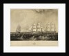 This print representing the East India Ship 'Vernon', Geo. Denny, Commander, on her voyage out, fitted with a Steam Engine of 30 horse power, passing HM ships Edinburgh & Blenheim 74 beating down Channel on the 21st of September 1839 off Benbridge [sic, i by W. O. Geller