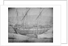 A brigantine and brig grounded with lines ashore. Inversed digital file to create b&w positive by Calvert Richard Jones
