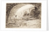 London Bridge, and tip of tower of Southwark Cathedral, from north bank of River Thames (site of Adelaide House) with workmen under archway by Unknown