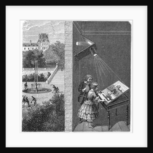 Children watching an outdoor scene through a camera obscura, 1887 by Unknown