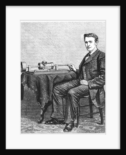 Thomas Alva Edison, American inventor, with an early hand-driven model of his phonograph, 1878 by Unknown