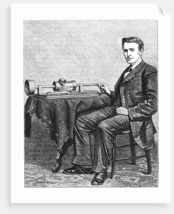 Thomas Alva Edison, American inventor, with an early hand-driven model of his phonograph, 1878 by Unknown