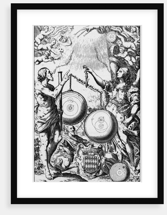 Urania, the Muse of Astronomy, weighing and comparing systems of the universe, 1651 by Unknown
