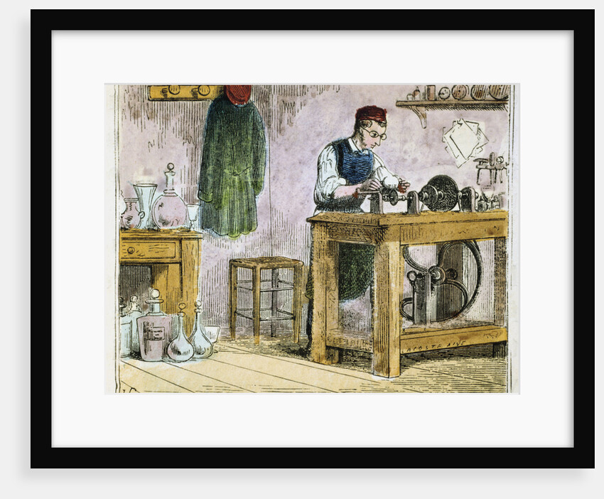 Glass cutter decorating table ware on a carborundum wheel, 1867 by Unknown
