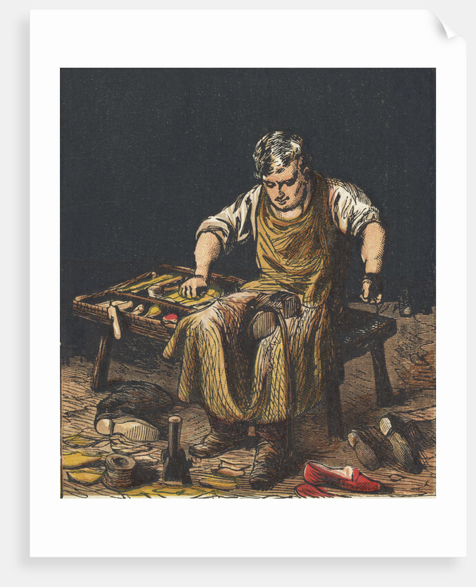 Cobbler mending boots, 1867 by Anonymous