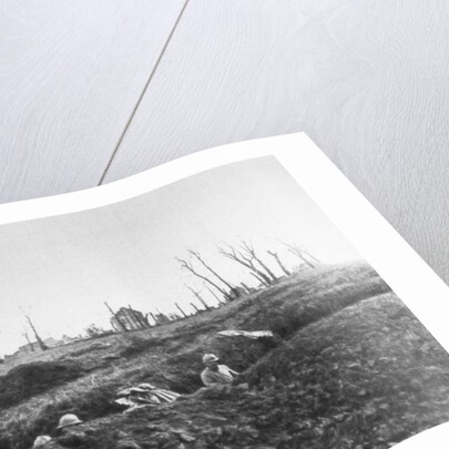 French infantry establishing fallback positions in front of a ruined farm, Picardy, France by Anonymous