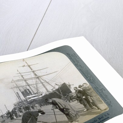 Greeting for newcomers on the pier alongside the Pacific Mail SS China by Underwood & Underwood