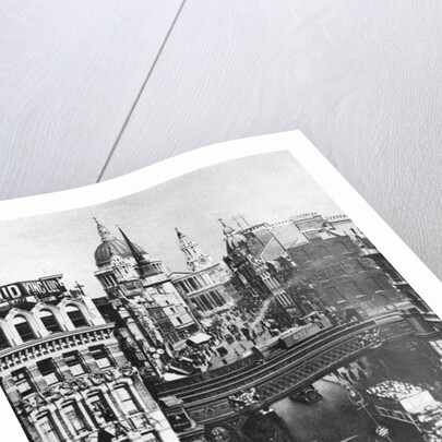 The spire of St Martin, Ludgate silhouetted against the bulk of St Paul's, London by Frith