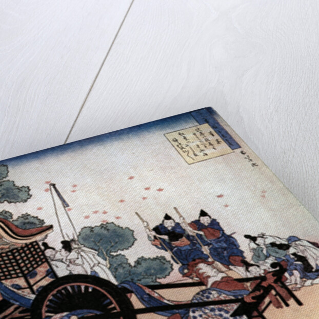 Pulling a three-wheeled carriage, Japanese woodcut by HOKUSAI