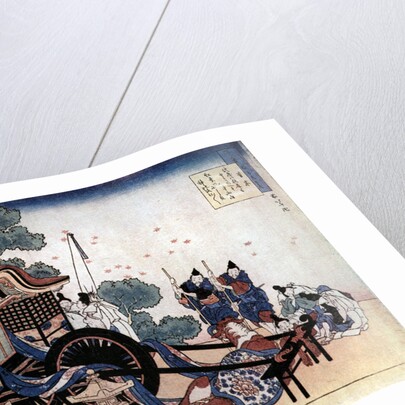 Pulling a three-wheeled carriage, Japanese woodcut by HOKUSAI