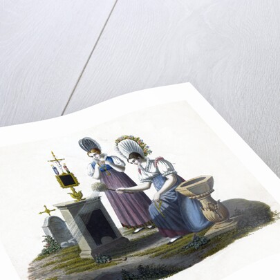 Two women standing before a headstone in a graveyard by Anonymous