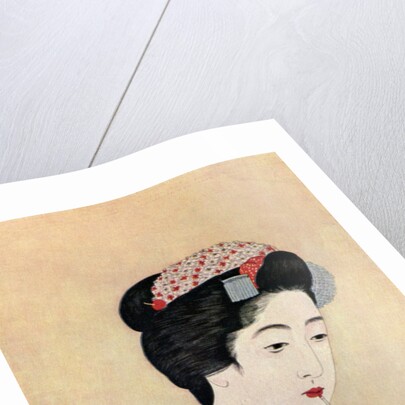 A Japanese woman using a beni brush to paint her lips by Hashiguchi Goyo