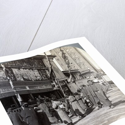 Watching a free show on Theatre Street, looking north to Asakusa Tower, Tokyo, Japan by Underwood & Underwood