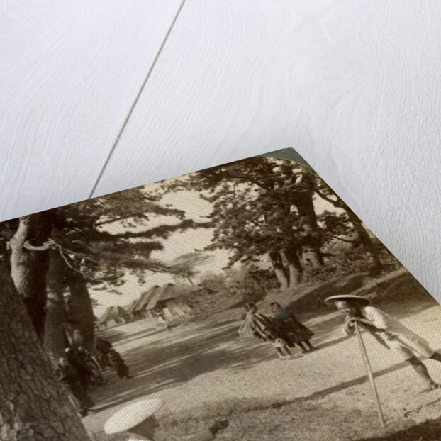 Travellers resting under the pines at Suzukawa, old post road from Tokyo to Kyoto, Japan by Underwood & Underwood