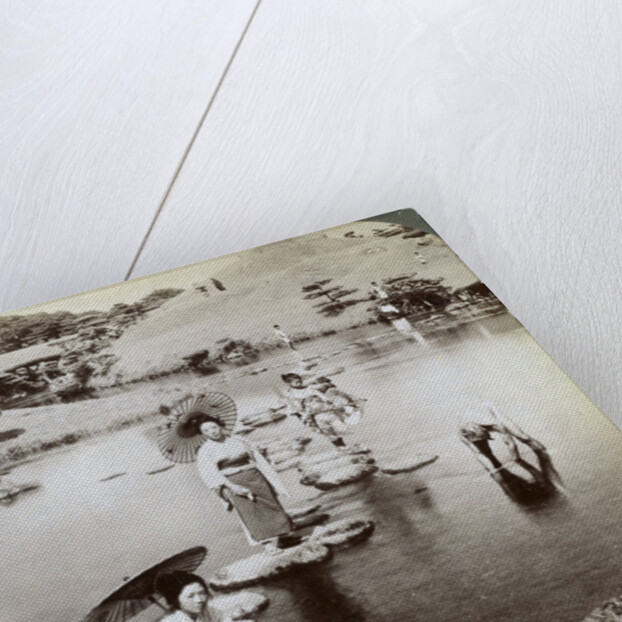 Women crossing the lake on stepping stones, Suizen-ji Garden, Kumamoto, Japan by Underwood & Underwood