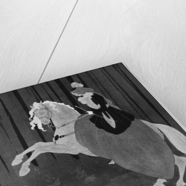 A woman sitting on a rearing horse by Aubrey Beardsley