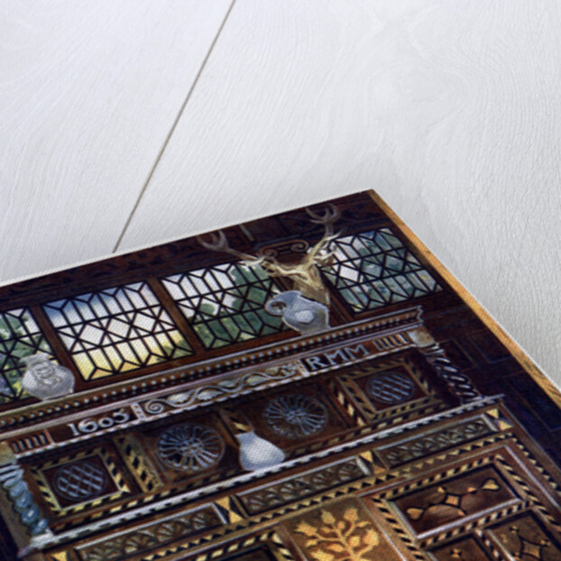 Carved and inlaid oak court cupboard by Edwin Foley