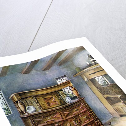 The Putnam Cupboard of English oak and cedar, and carved settle of American oak by Edwin Foley