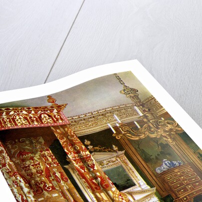 Queen Anne's bed, chest of drawers upon a stand and a wooden candelabra by Edwin Foley