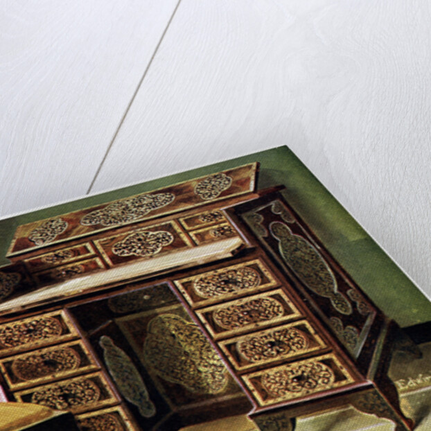 Walnut inlaid writing table by Edwin Foley