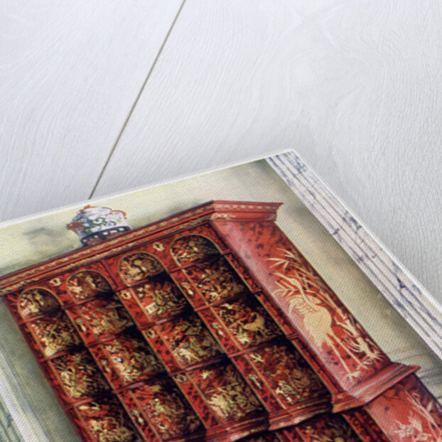 Red and gilt lacquer double chest of drawers by Edwin Foley