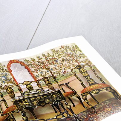 Black lacquer settee, chairs and table and red lacquer mirror by Edwin Foley
