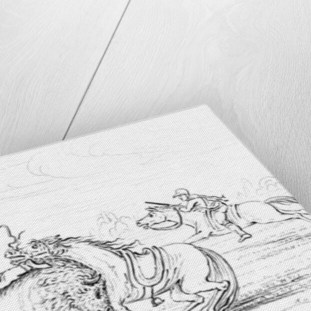 Buffalo attacking a cowboy on a horse by Myers and Co