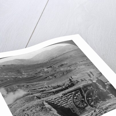 Japanese batteries firing on Russian forts, Siege of Port Arthur, Russo-Japanese War by Underwood & Underwood